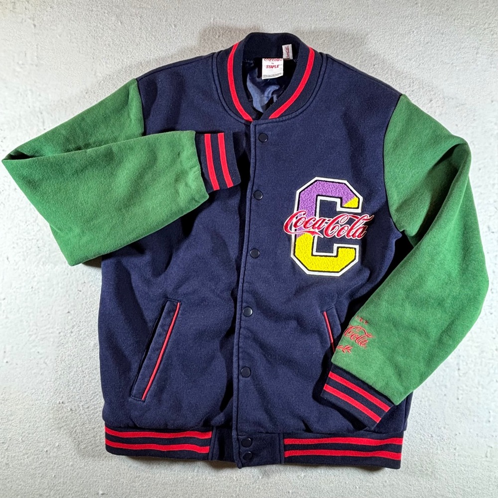 Coca-Cola by Staple Mens Varsity Jacket Navy Green Colorblock Chenille Medium